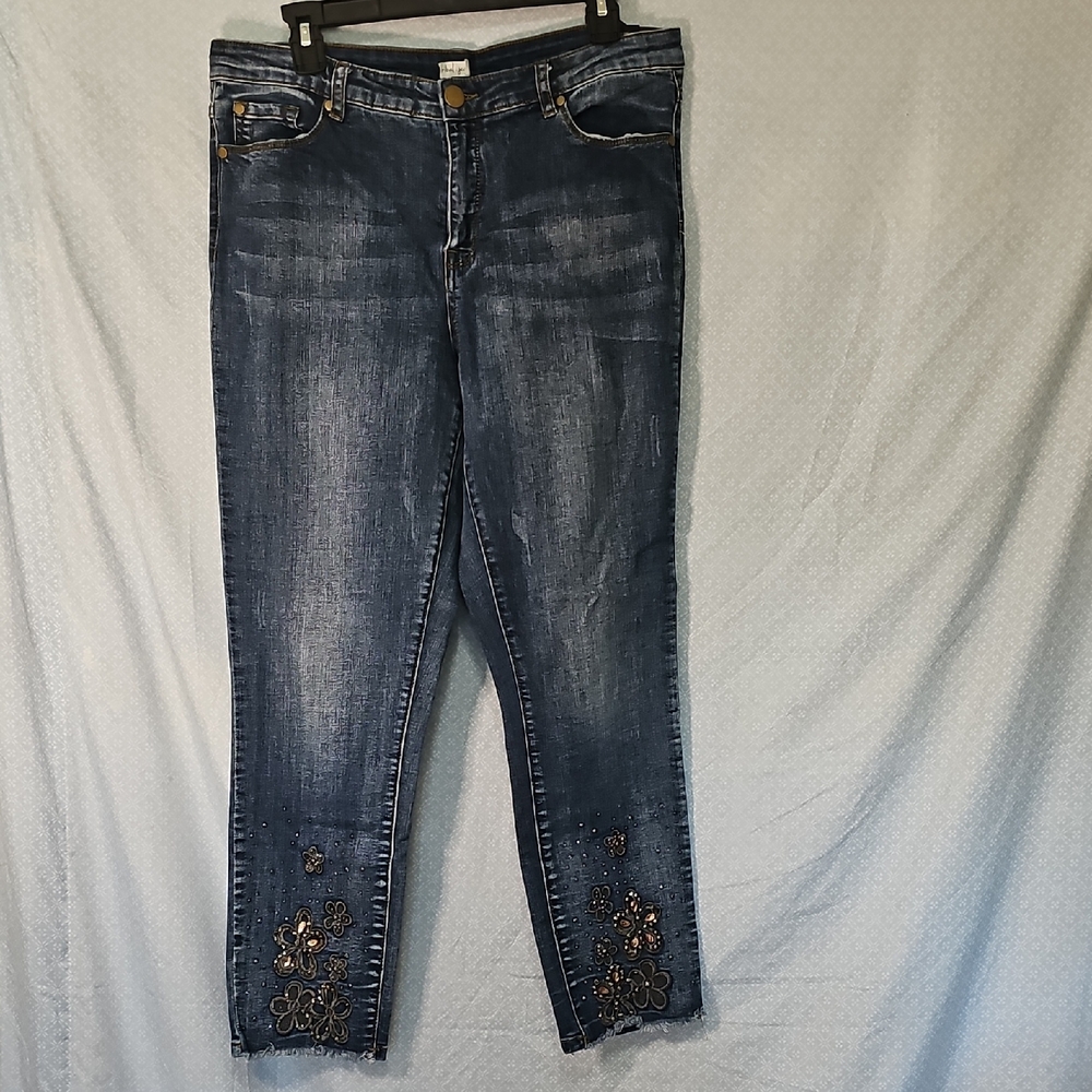 Floral Embroidered Dark Blue Ankle Jeans